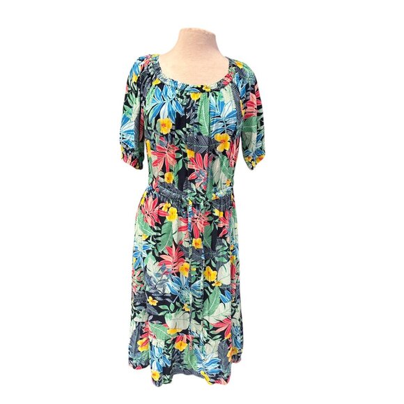 Style & Co Womens Tropical Floral Midi Dress With Short Sleeves & Smocked Waist - Picture 1 of 10